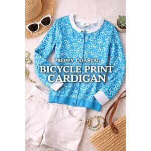 Crown & Ivy Bicycle Print Cardigan Blue White Preppy Cute Size M